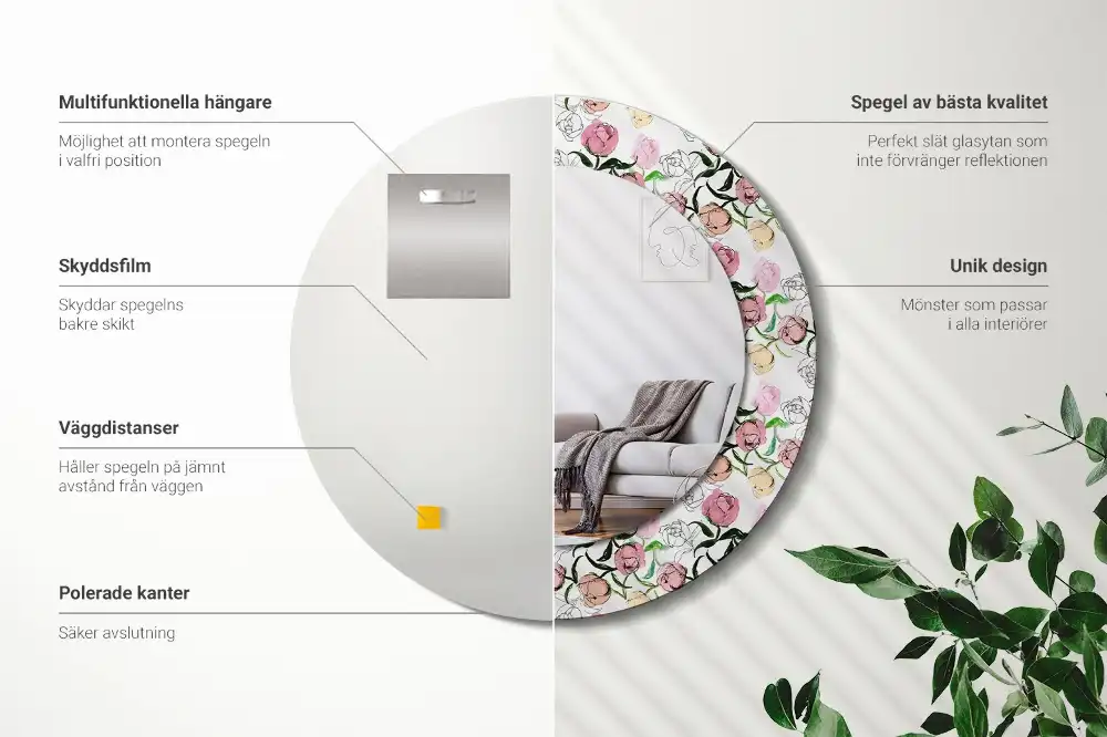 Specchio circolare stampato Boccioli di peonia