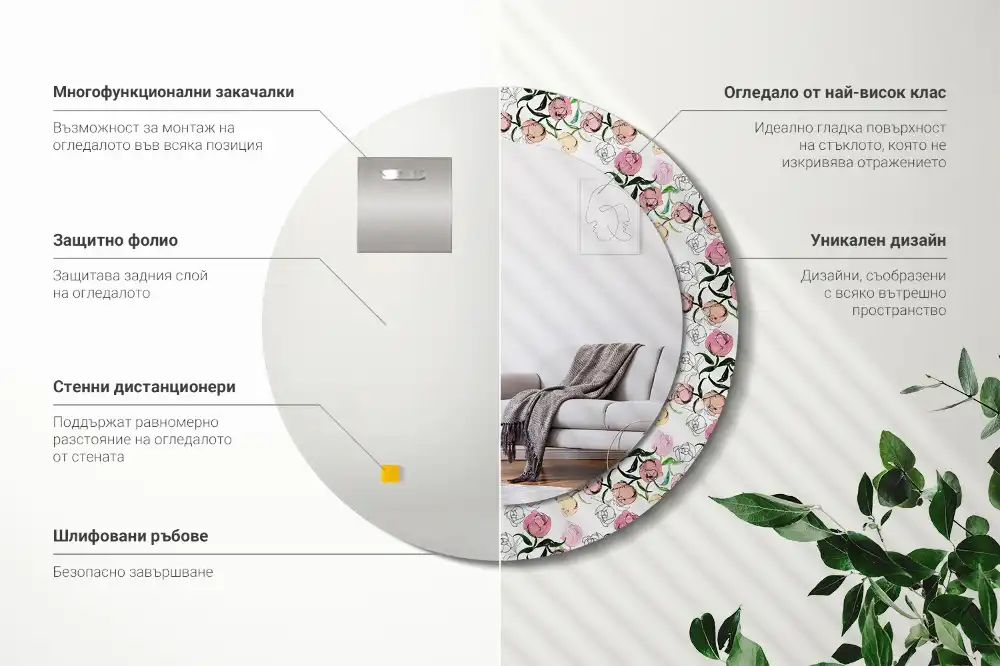 Specchio circolare stampato Boccioli di peonia