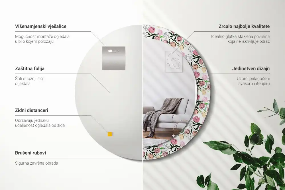 Specchio circolare stampato Boccioli di peonia