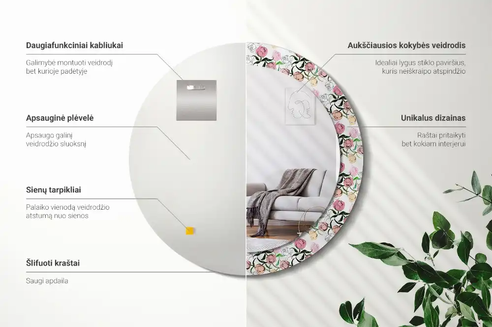 Specchio circolare stampato Boccioli di peonia