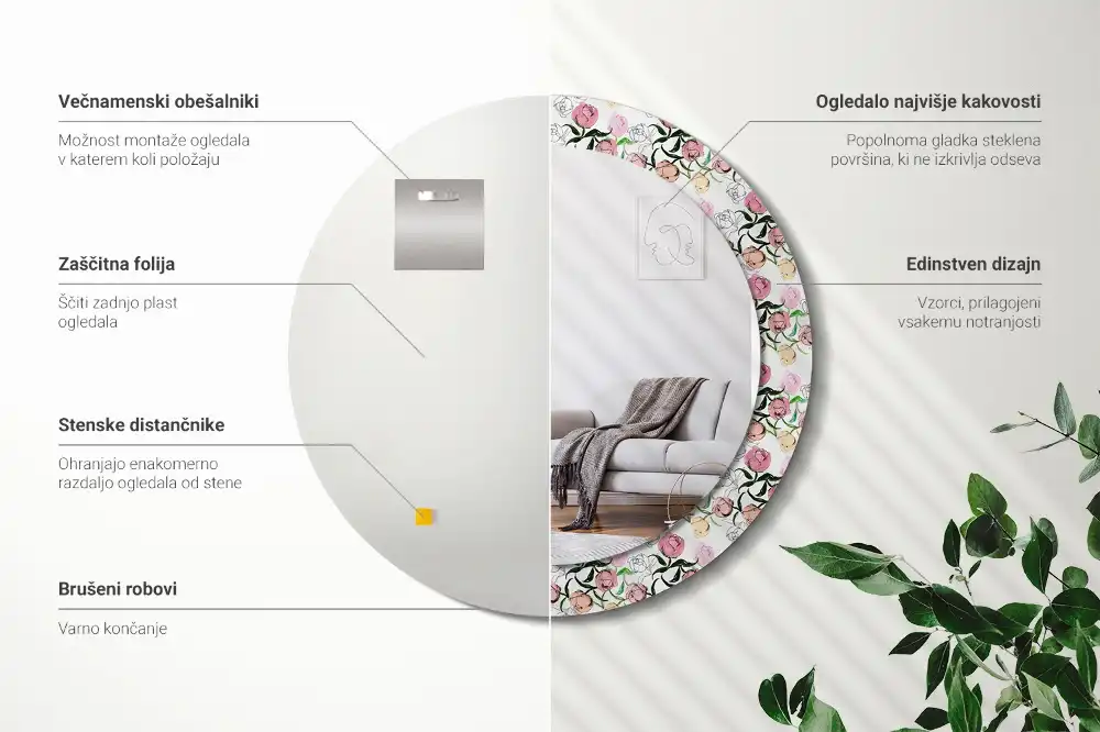 Specchio circolare stampato Boccioli di peonia
