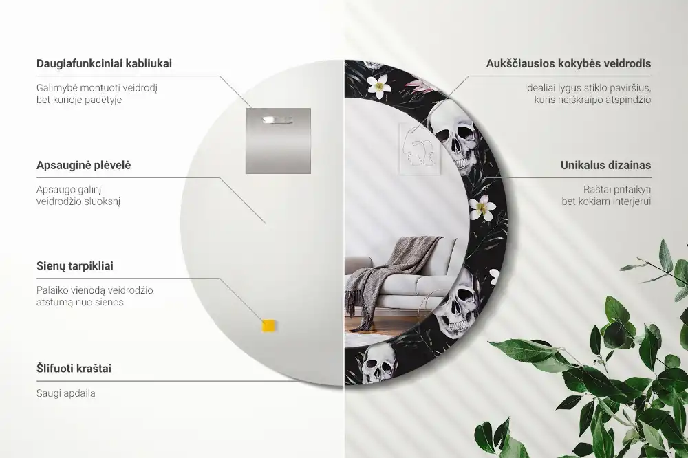 Specchio circolare decoro Fiori del teschio