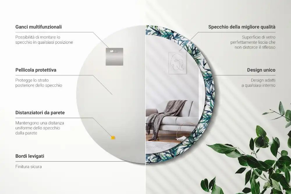 Specchio circolare stampato palme blu