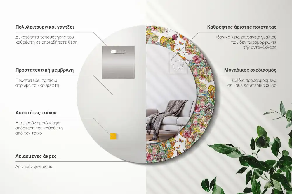 Specchio rotondo con cornice stampata Fiori da favola