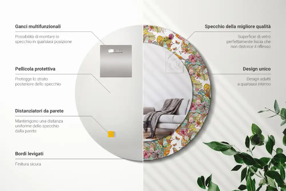 Specchio rotondo con cornice stampata Fiori da favola