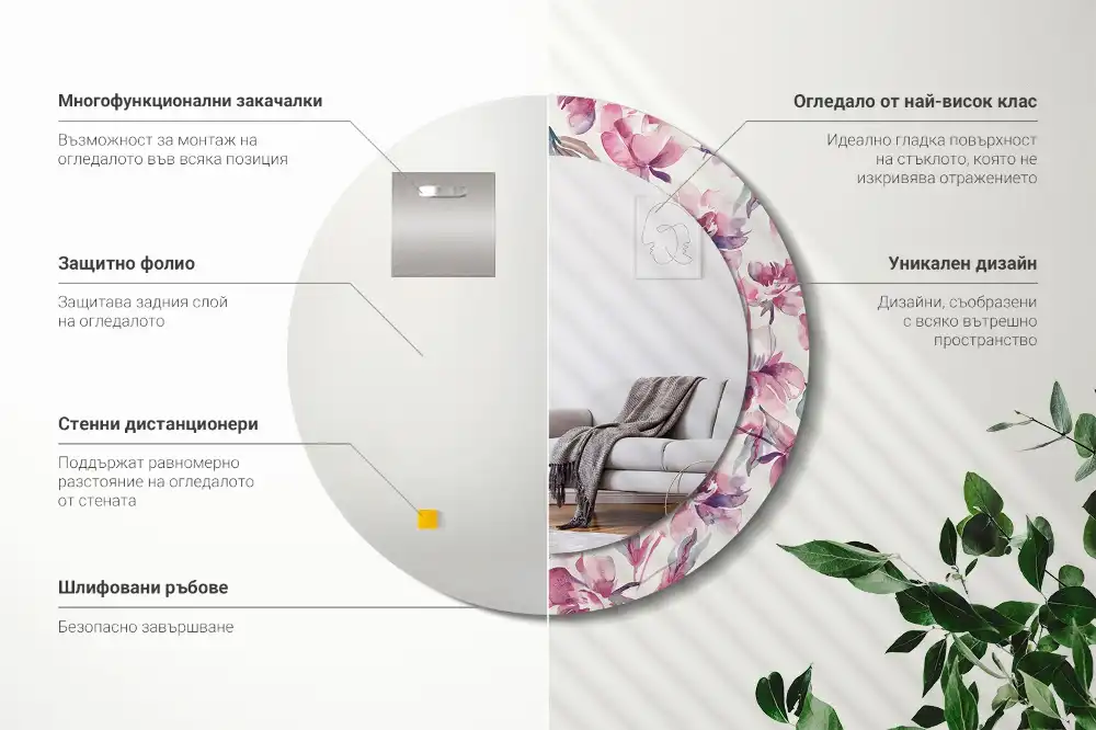 Specchio circolare decoro Fiori di peonie
