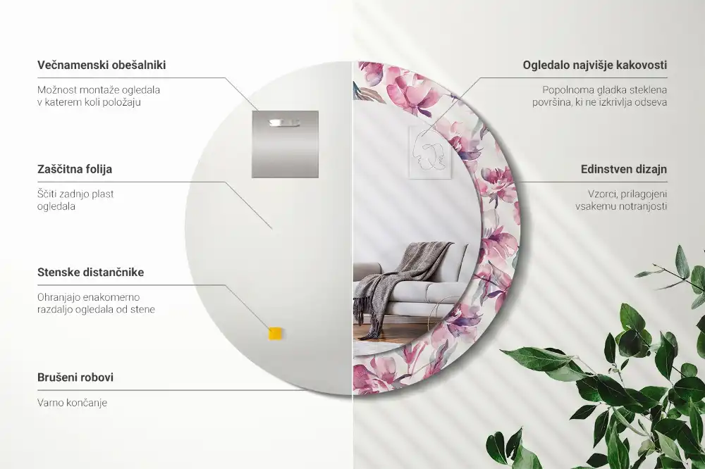 Specchio circolare decoro Fiori di peonie