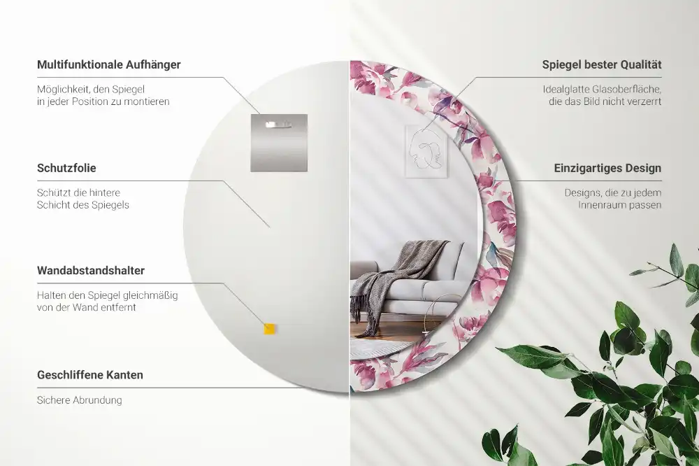 Specchio circolare decoro Fiori di peonie