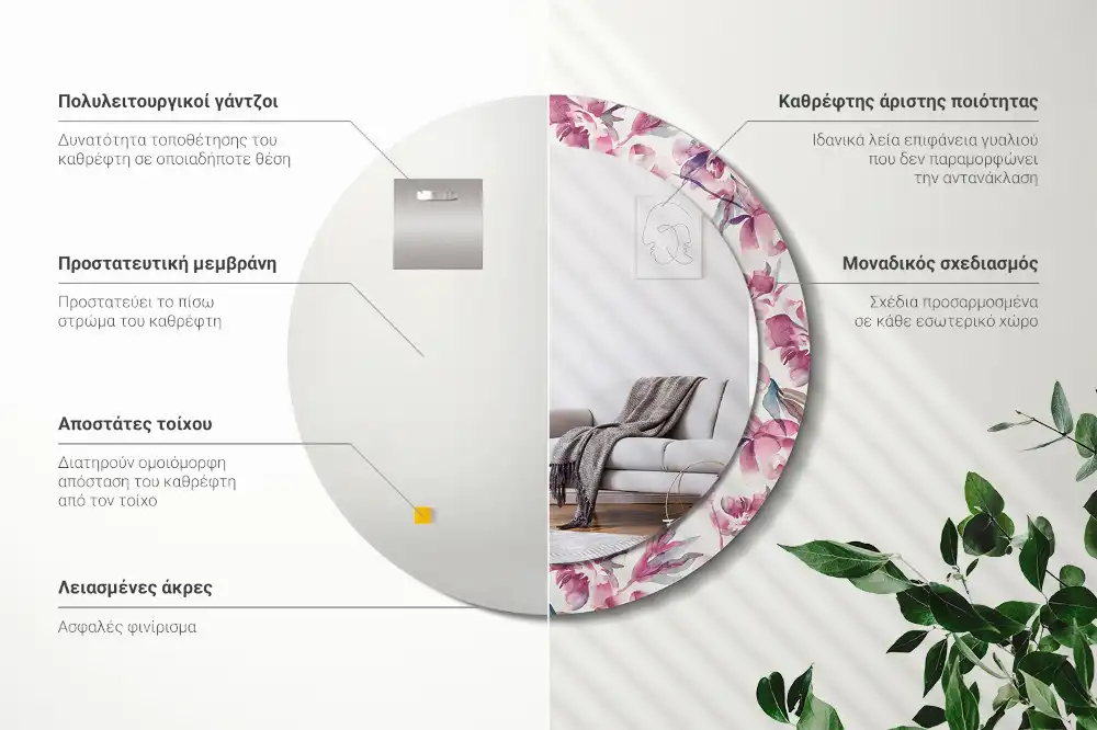 Specchio circolare decoro Fiori di peonie