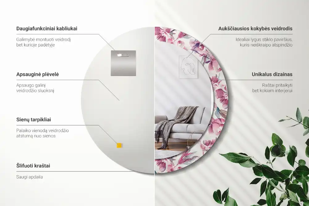 Specchio circolare decoro Fiori di peonie