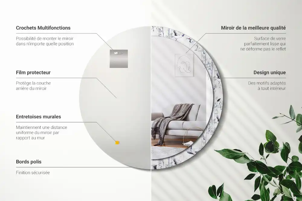 Specchio circolare decoro uccelli gru