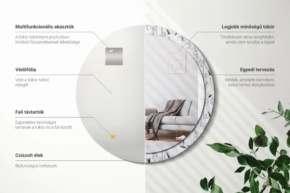 Specchio circolare decoro uccelli gru