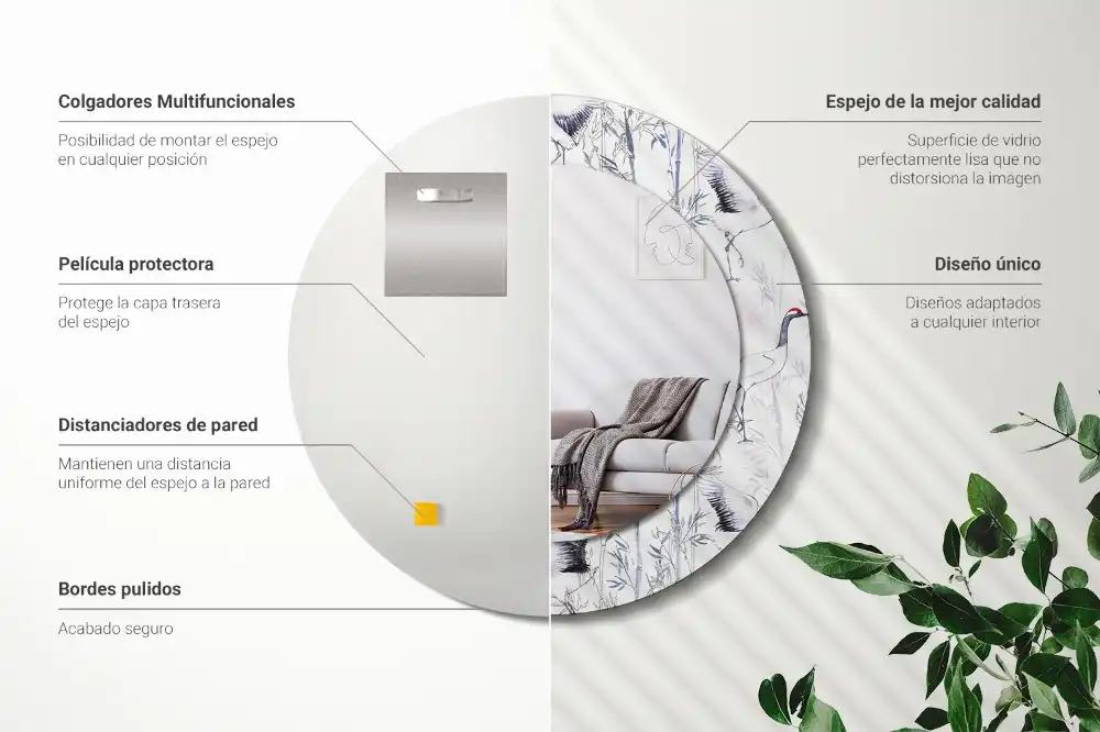 Specchio circolare decoro uccelli gru