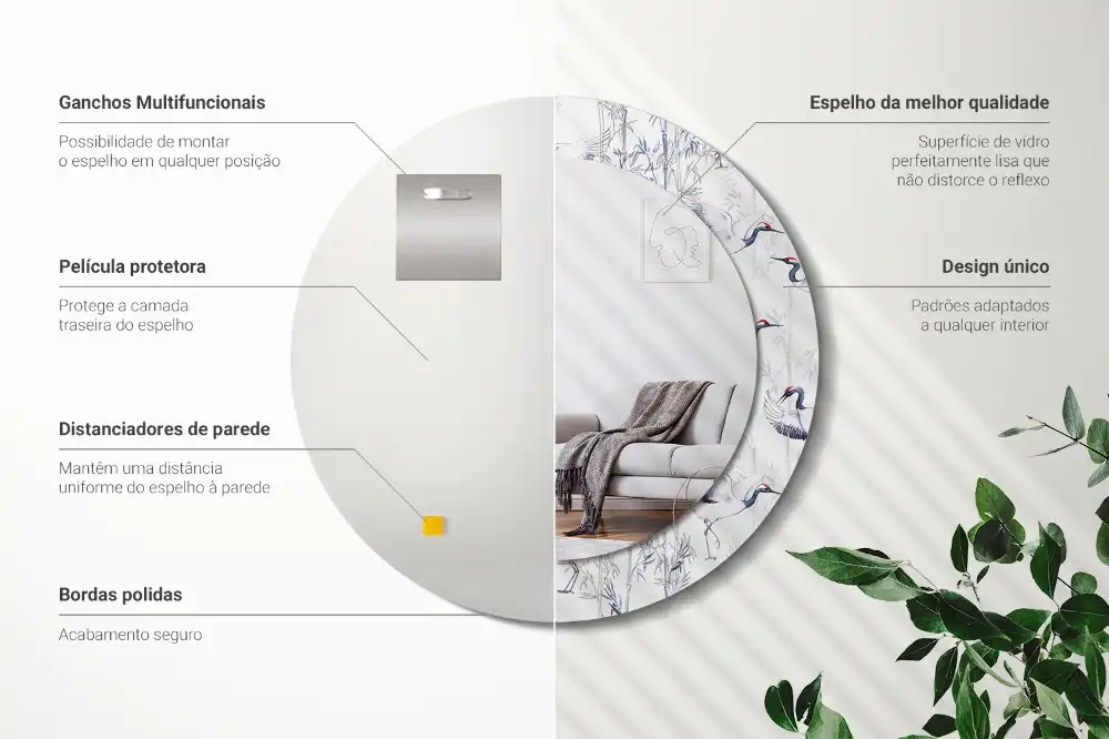 Specchio circolare decoro uccelli gru