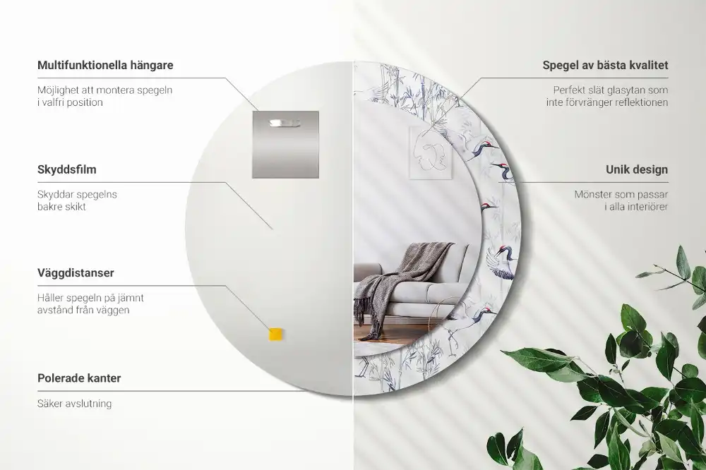 Specchio circolare decoro uccelli gru