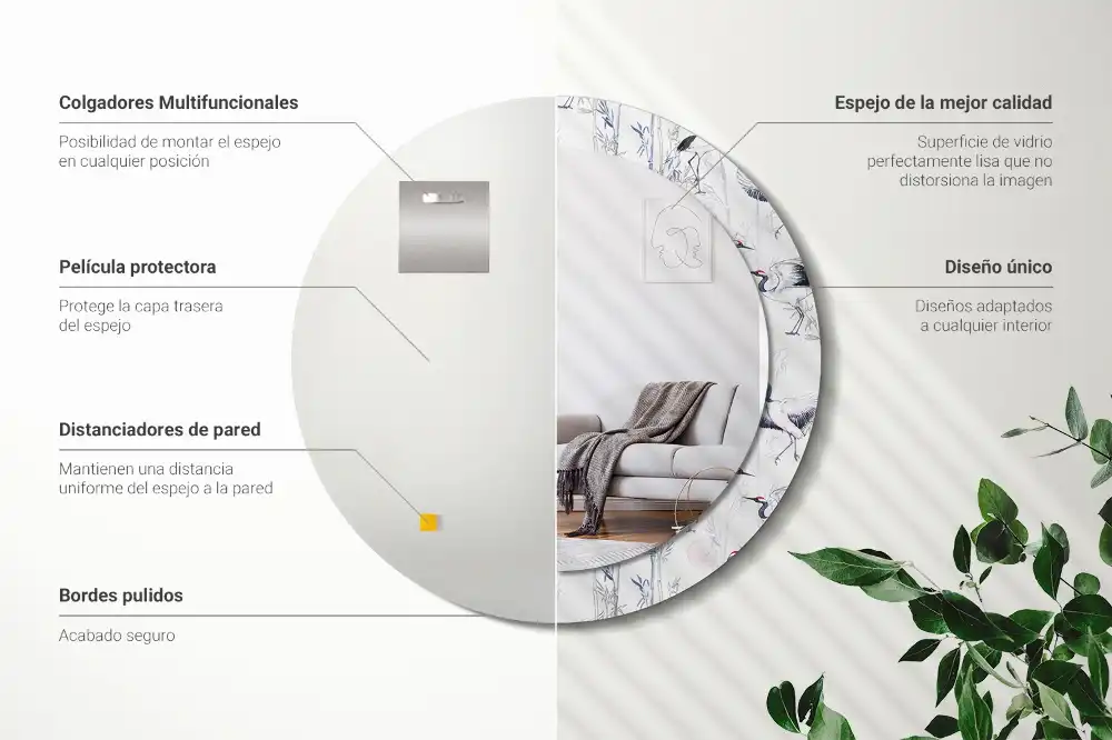 Specchio circolare decoro uccelli gru