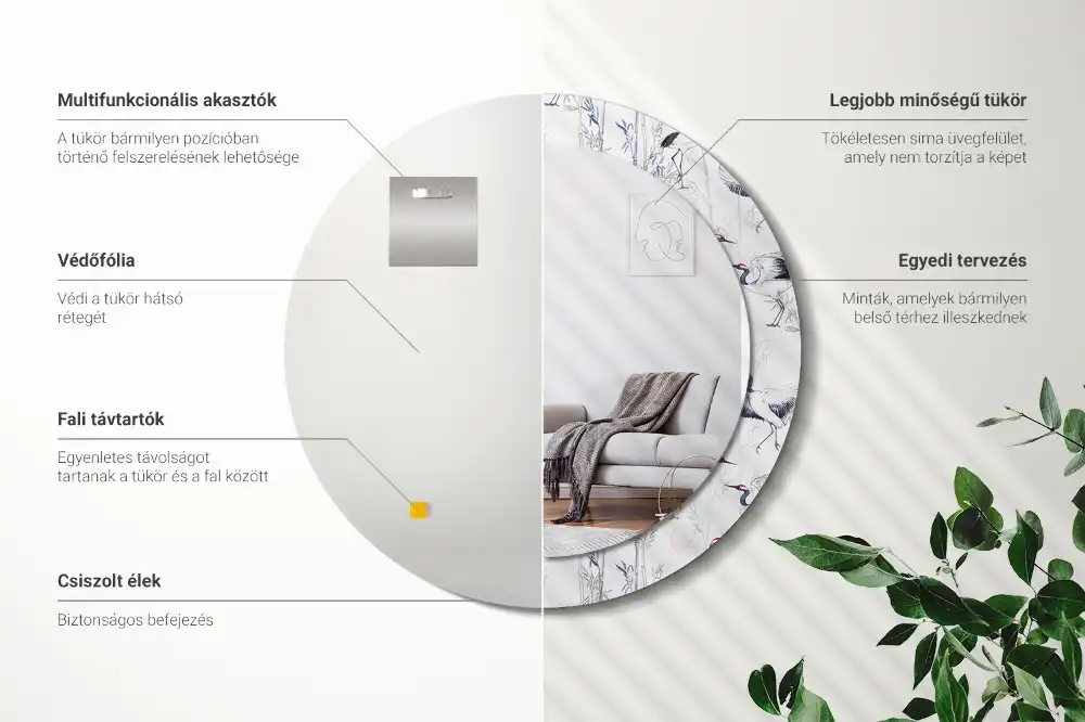 Specchio circolare decoro uccelli gru