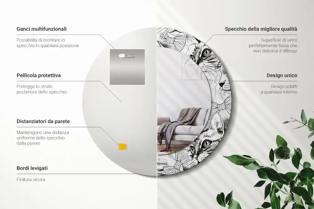 Specchio rotondo con cornice stampata Gatti