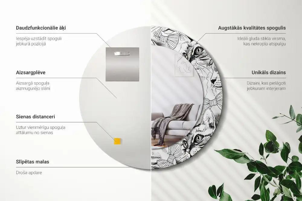 Specchio rotondo con cornice stampata Gatti