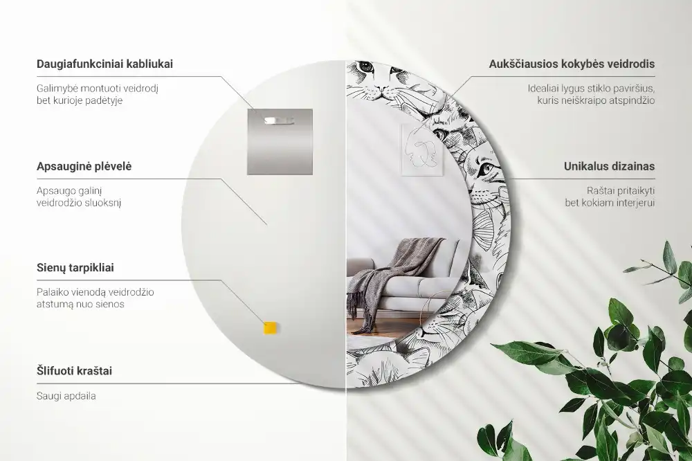 Specchio rotondo con cornice stampata Gatti