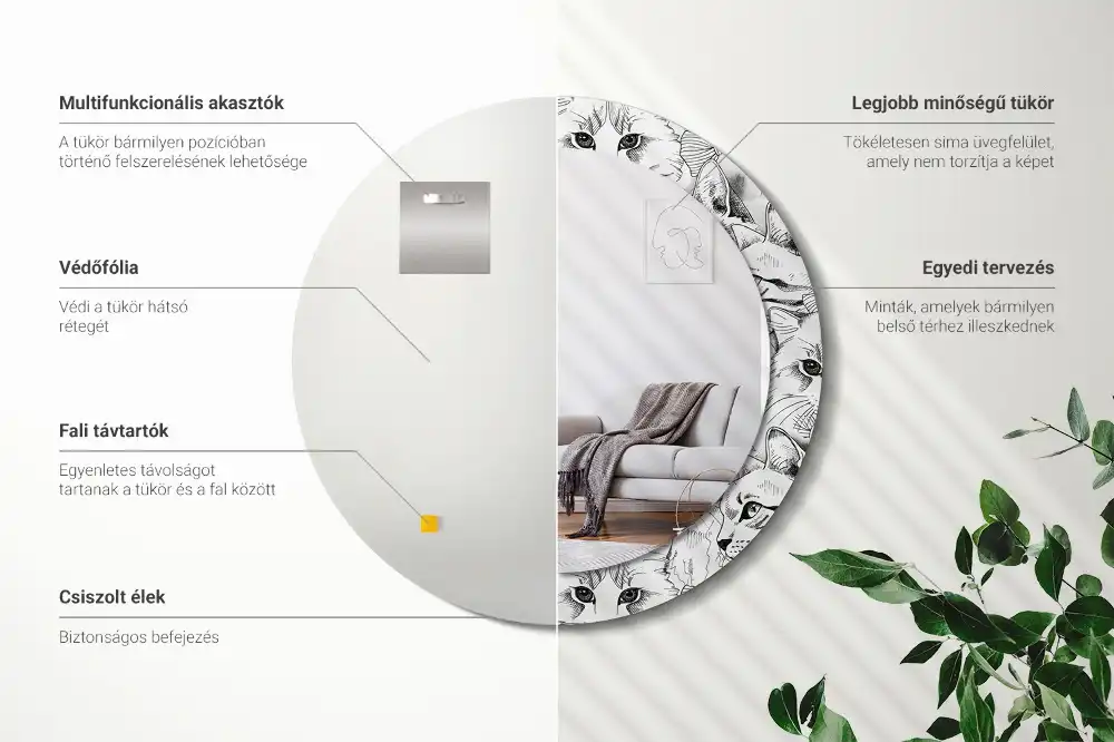 Specchio rotondo con cornice stampata Gatti