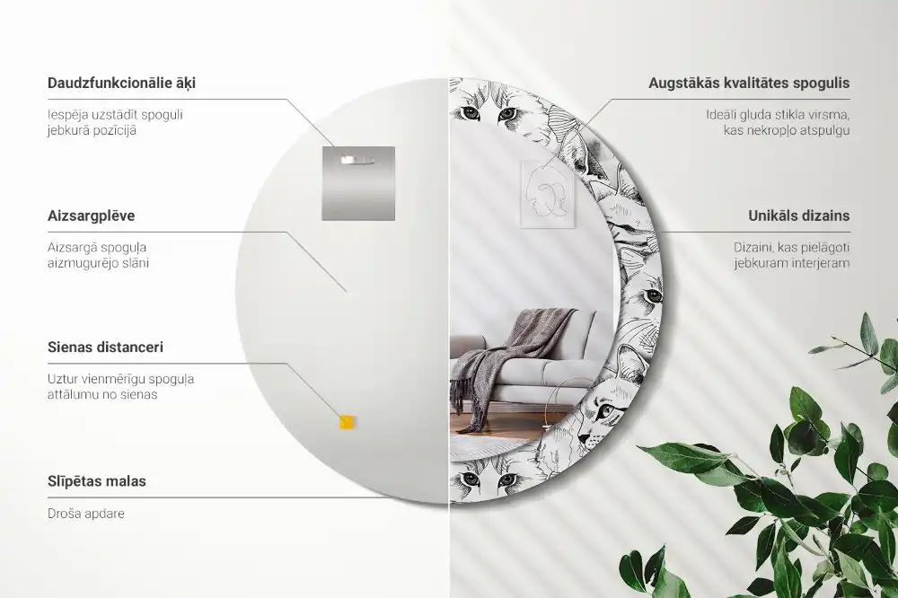 Specchio rotondo con cornice stampata Gatti