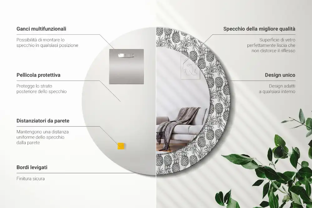 Specchio rotondo con cornice stampata Ananas