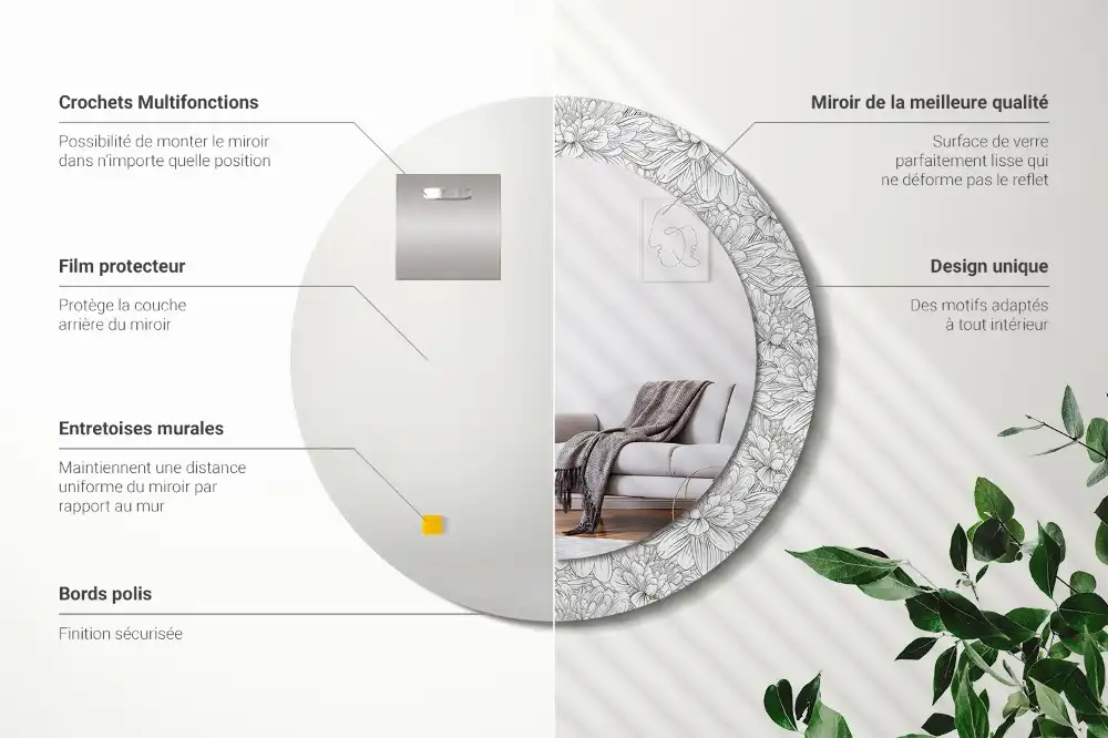 Specchio rotondo con cornice stampata Fiori di loto