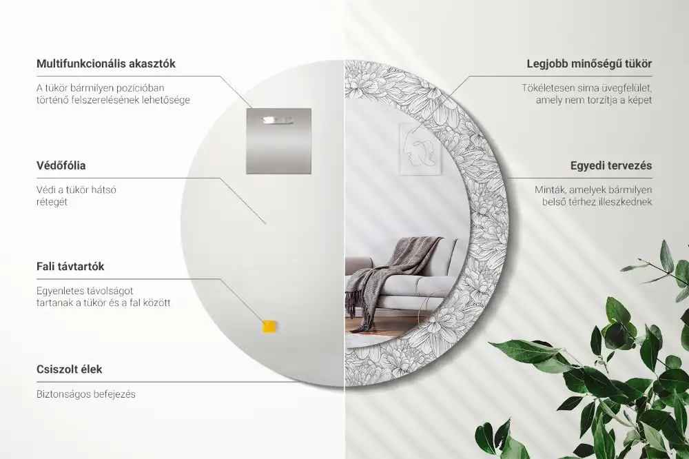 Specchio rotondo con cornice stampata Fiori di loto