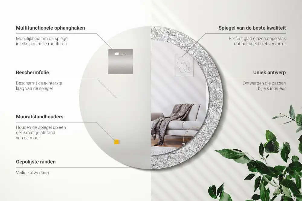 Specchio rotondo con cornice stampata Fiori di loto