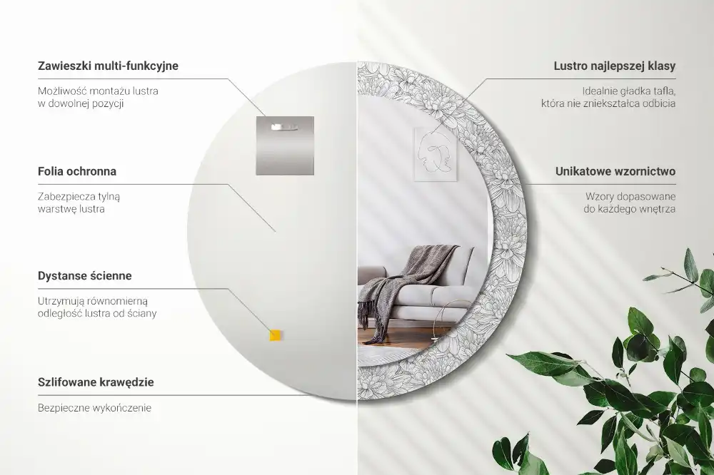 Specchio rotondo con cornice stampata Fiori di loto