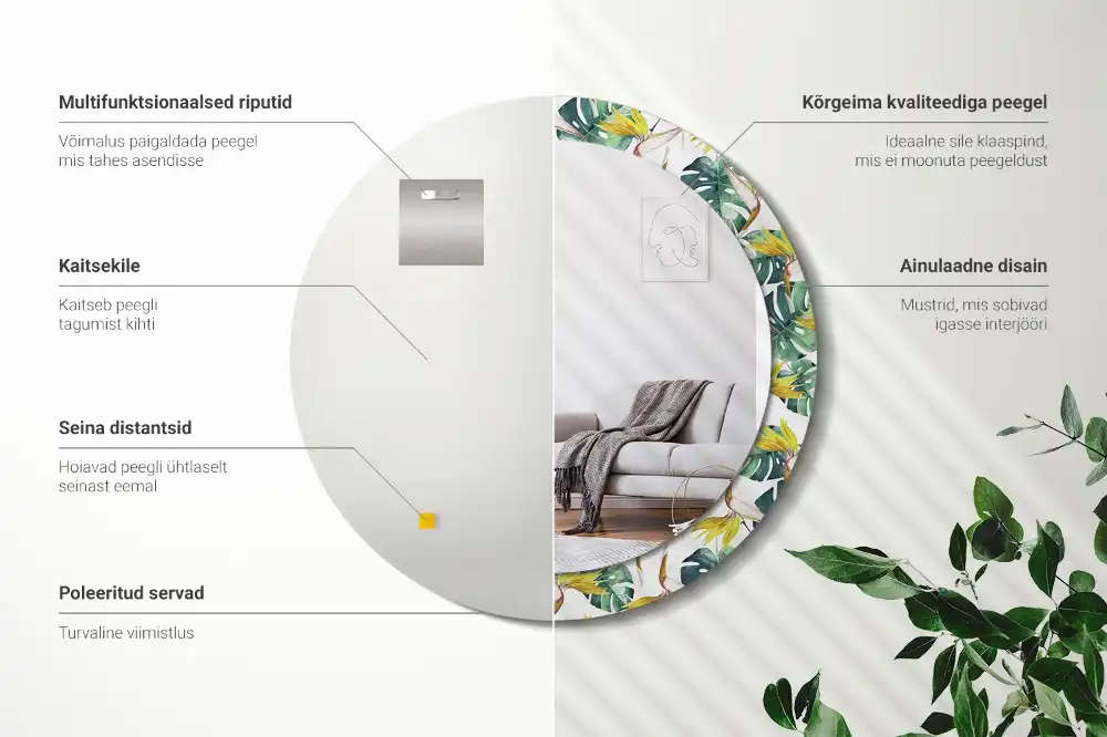 Specchio circolare stampato Foglie tropicali