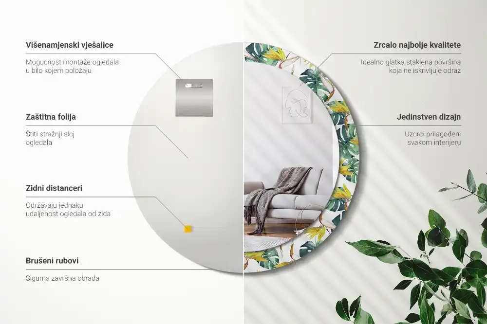 Specchio circolare stampato Foglie tropicali