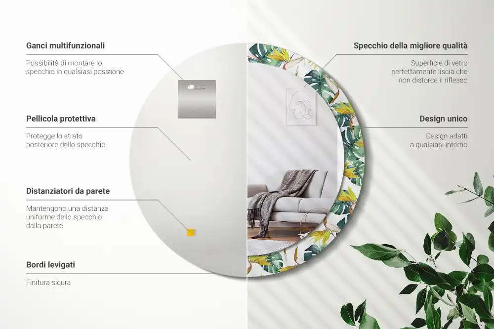 Specchio circolare stampato Foglie tropicali