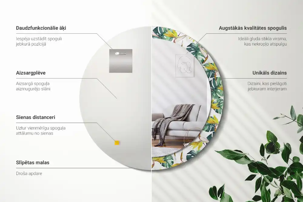 Specchio circolare stampato Foglie tropicali