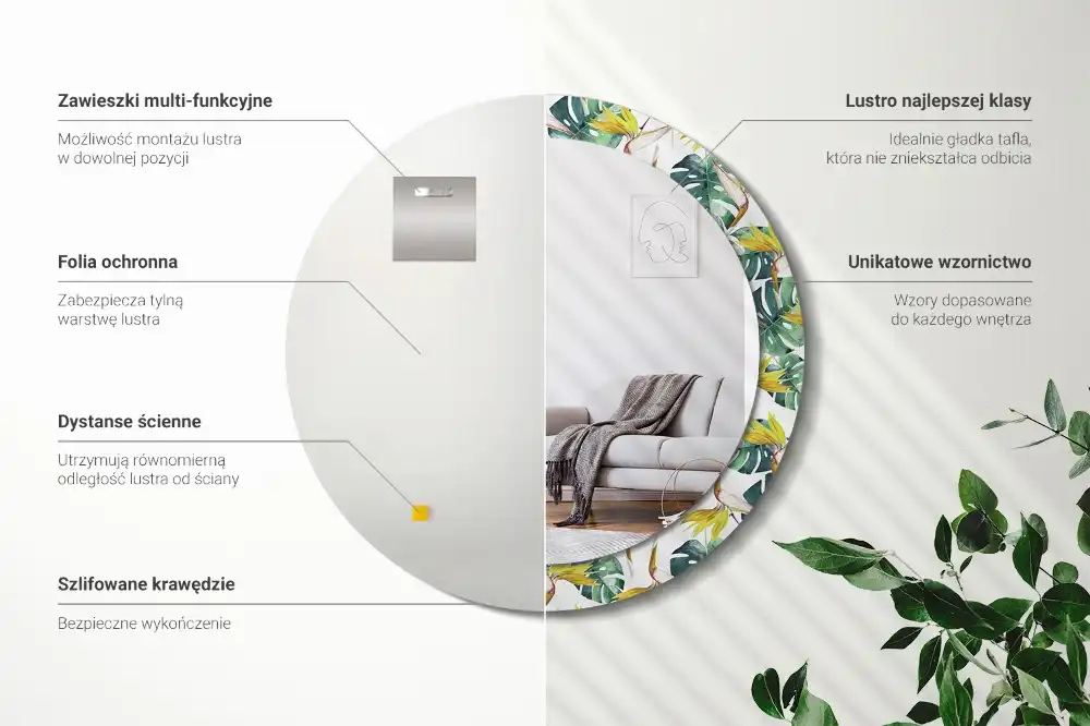 Specchio circolare stampato Foglie tropicali