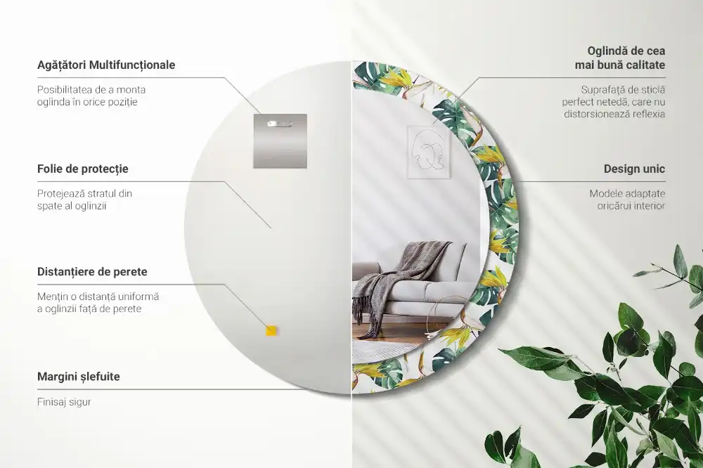 Specchio circolare stampato Foglie tropicali