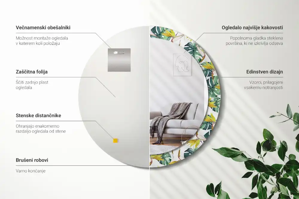 Specchio circolare stampato Foglie tropicali