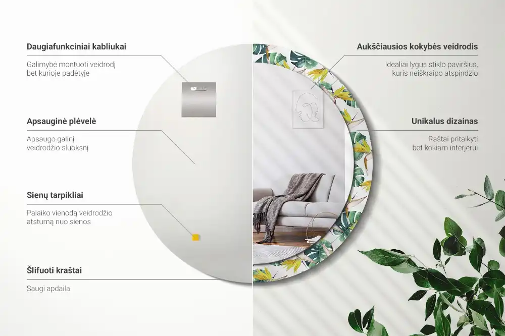 Specchio circolare stampato Foglie tropicali