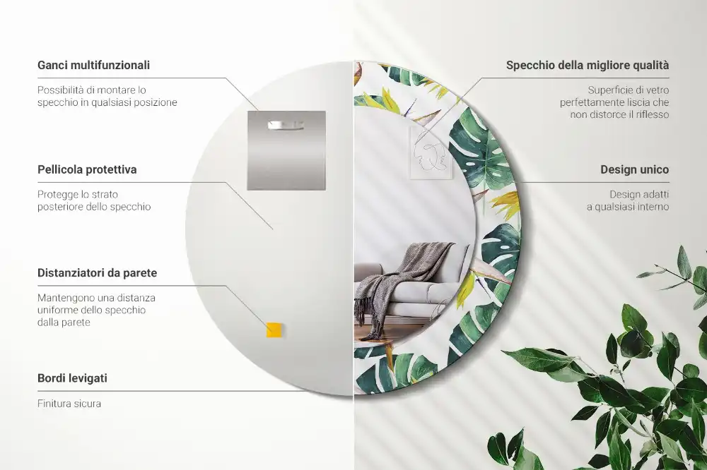 Specchio circolare stampato Foglie tropicali