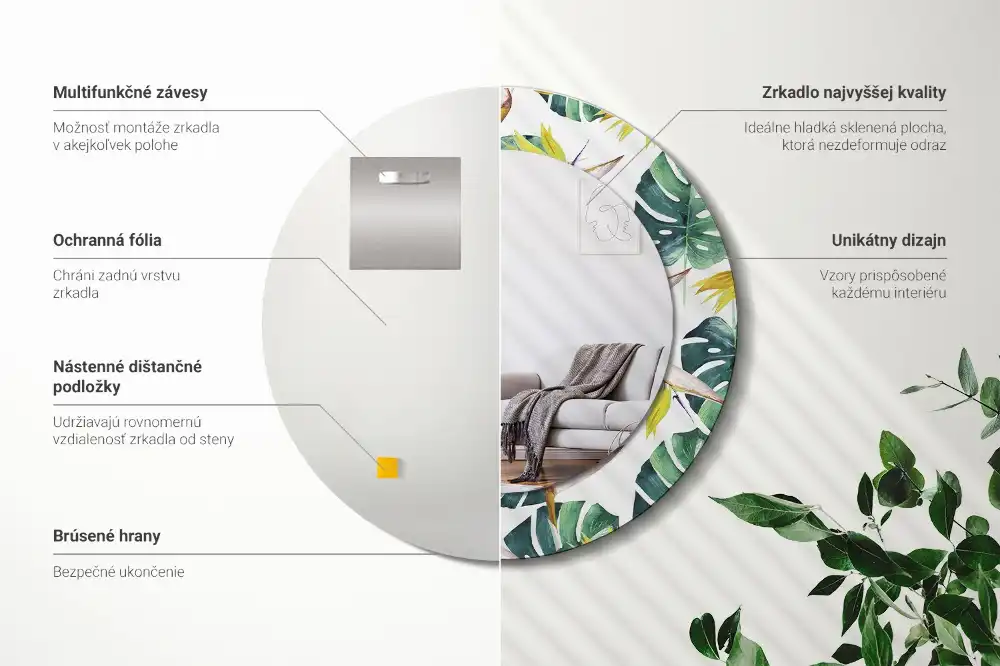 Specchio circolare stampato Foglie tropicali