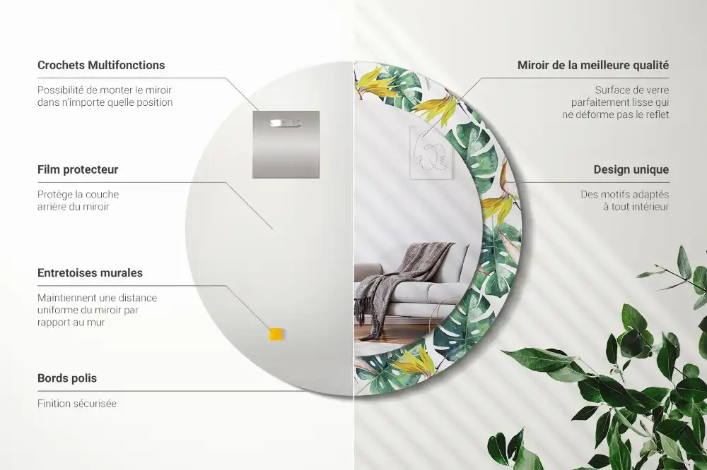 Specchio circolare stampato Foglie tropicali