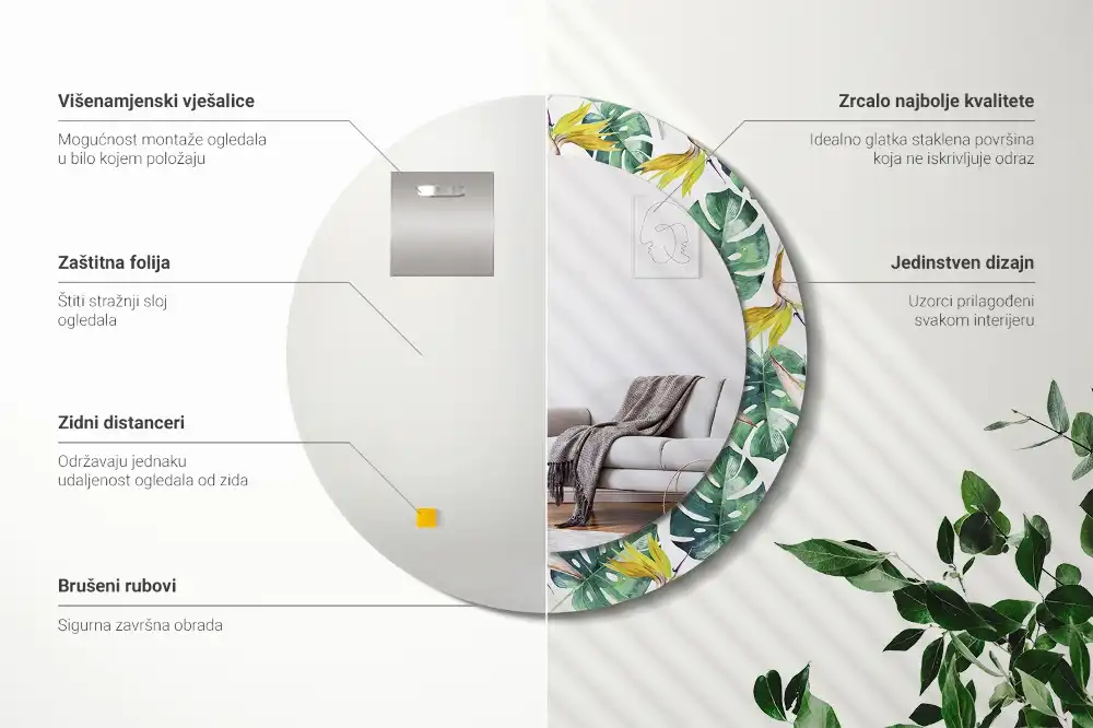 Specchio circolare stampato Foglie tropicali