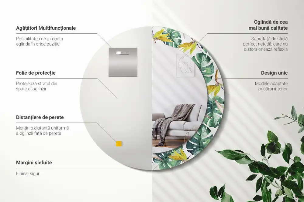 Specchio circolare stampato Foglie tropicali