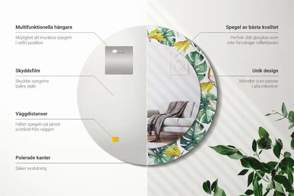 Specchio circolare stampato Foglie tropicali