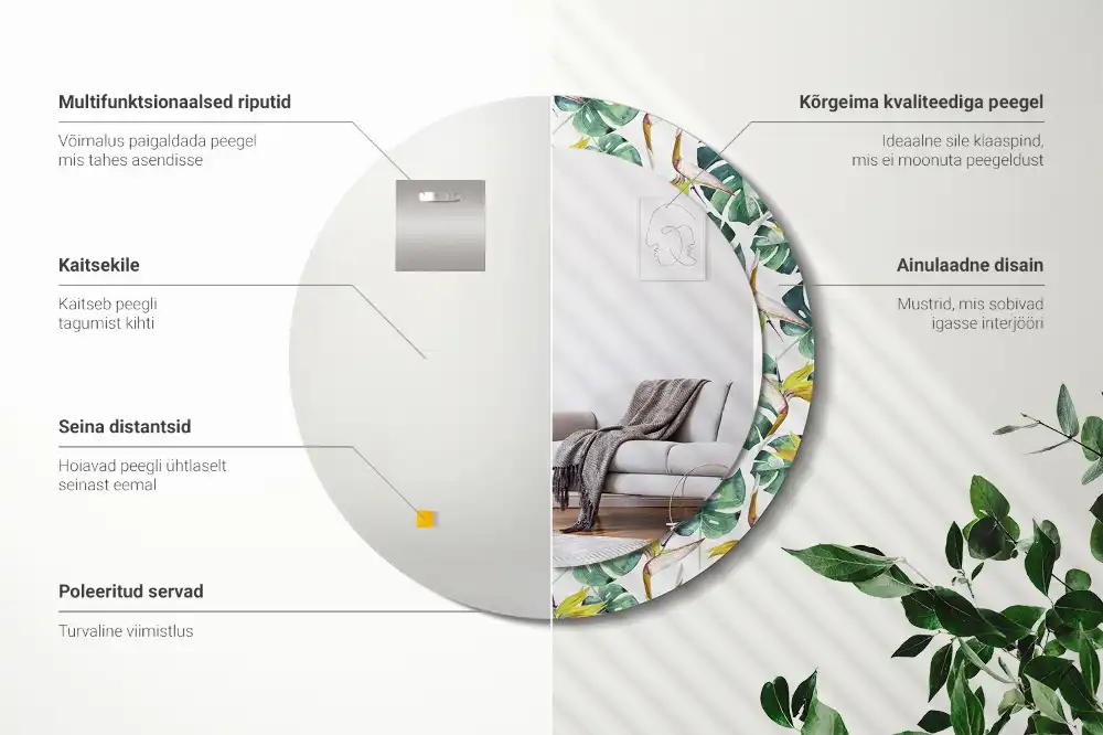 Specchio circolare stampato Foglie tropicali