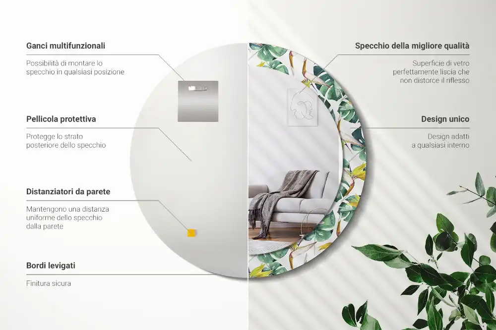 Specchio circolare stampato Foglie tropicali