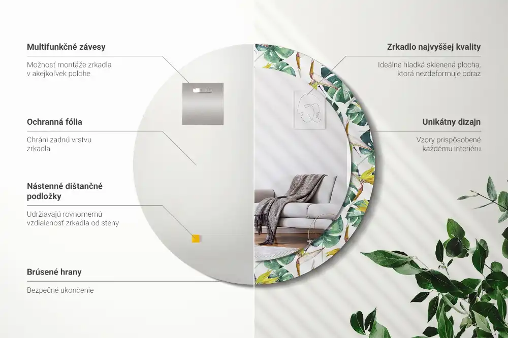 Specchio circolare stampato Foglie tropicali