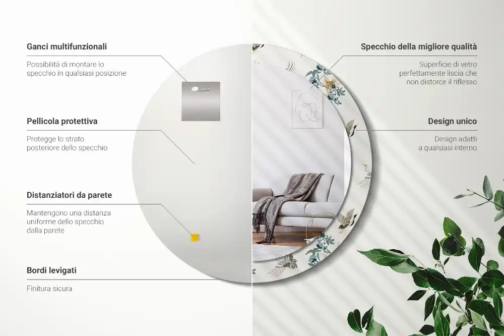 Specchio circolare decoro uccelli cinesi
