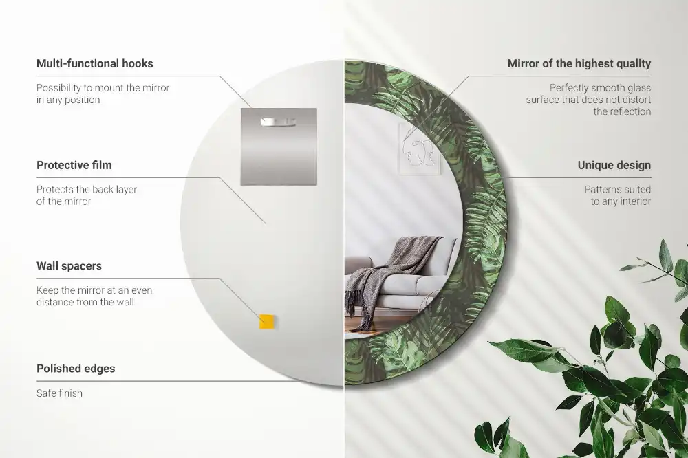 Specchio rotondo con cornice stampata Foglie tropicali